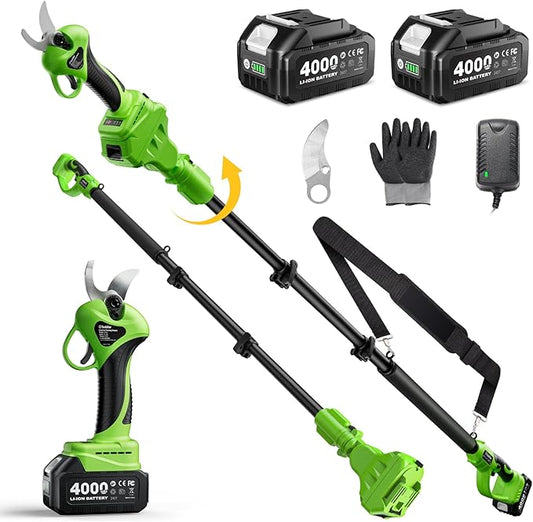 2-in-1 Electric Pruning Shears: 20V Cordless Pole Pruner 1.2" Cutting Diameter - 2 Pcs 4000mAh Battery, 9Ft Telescopic Pole, Extra SK5 Blade, 3 Modes Brushless Power Tree Pruner for Gardening