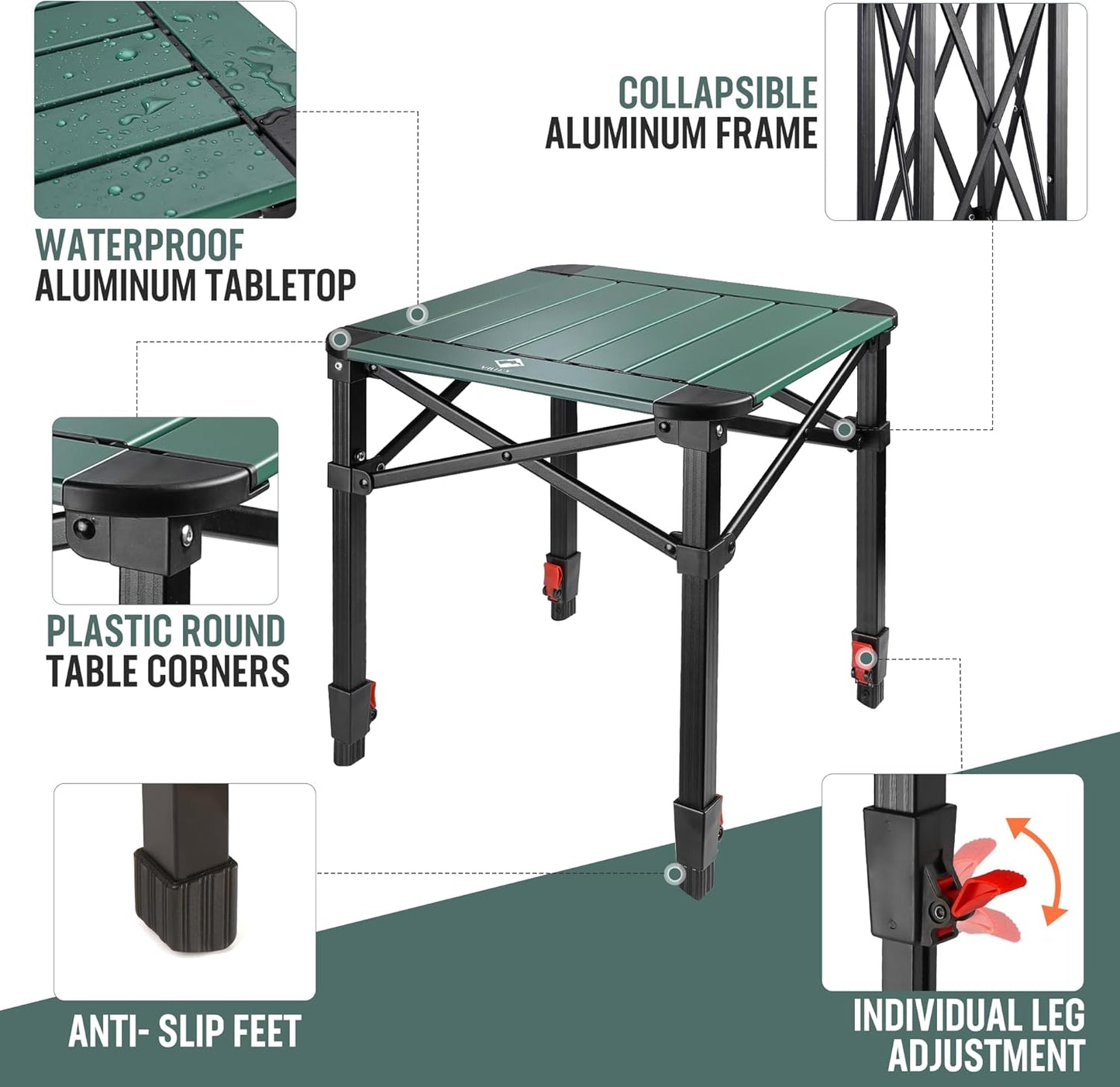 VILLEY Folding Camping Square Table with Carry Bag, Lightweight Aluminum Adjustable Square Table for Outdoor, Camping, Picnic, Backyards, BBQ (L)