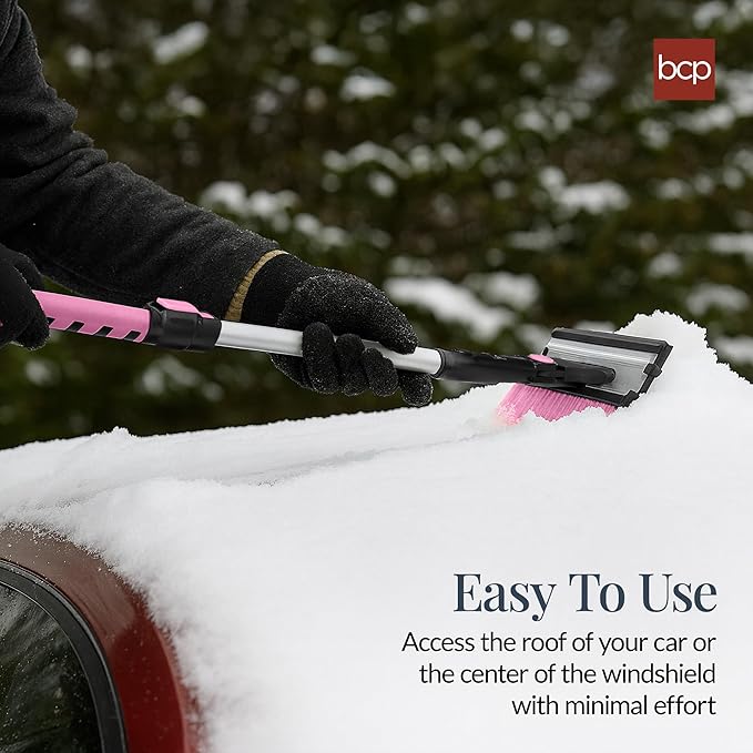 Best Choice Products Snow Brush with Squeegee & Ice Scraper, Up to 39" Extendable Foam Grip, 270° Pivoting Snow Brush for Car Truck SUV, Storage Bag Included - Pink