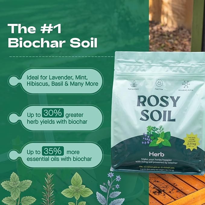 Rosy Soil Herb Mix - Organic Potting Mix for Herbs - Enriched with Biochar, Worm Castings for Root Development, Nutrient Uptake, and Strong Flavor - Fast Draining, Peat Free, Less Prone to Gnats - 4qt