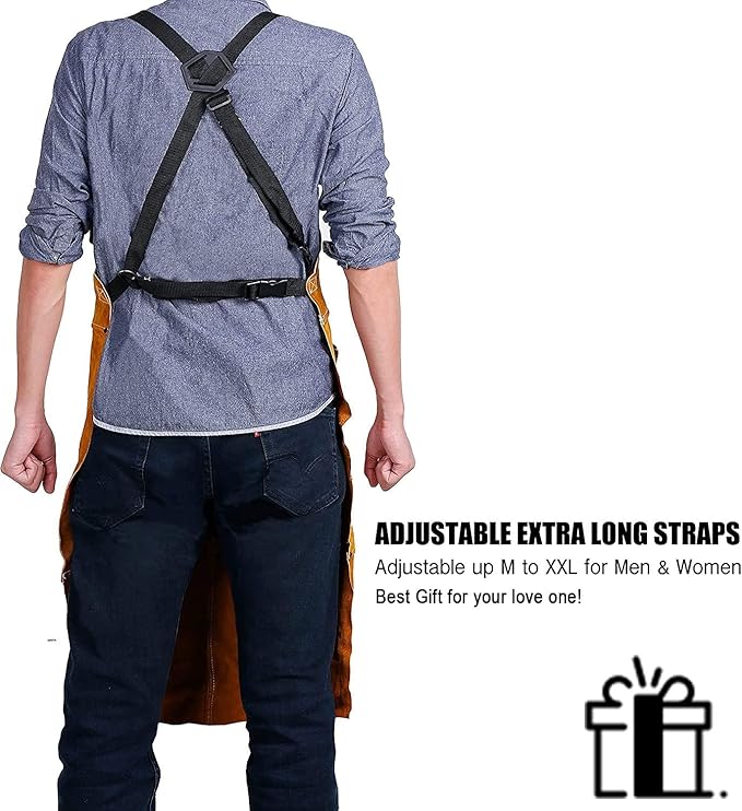 QeeLink Leather Welding Apron with 6 Pockets - Heat & Flame-Resistant Apron, 24'' X 42'', Adjustable M to XXXL