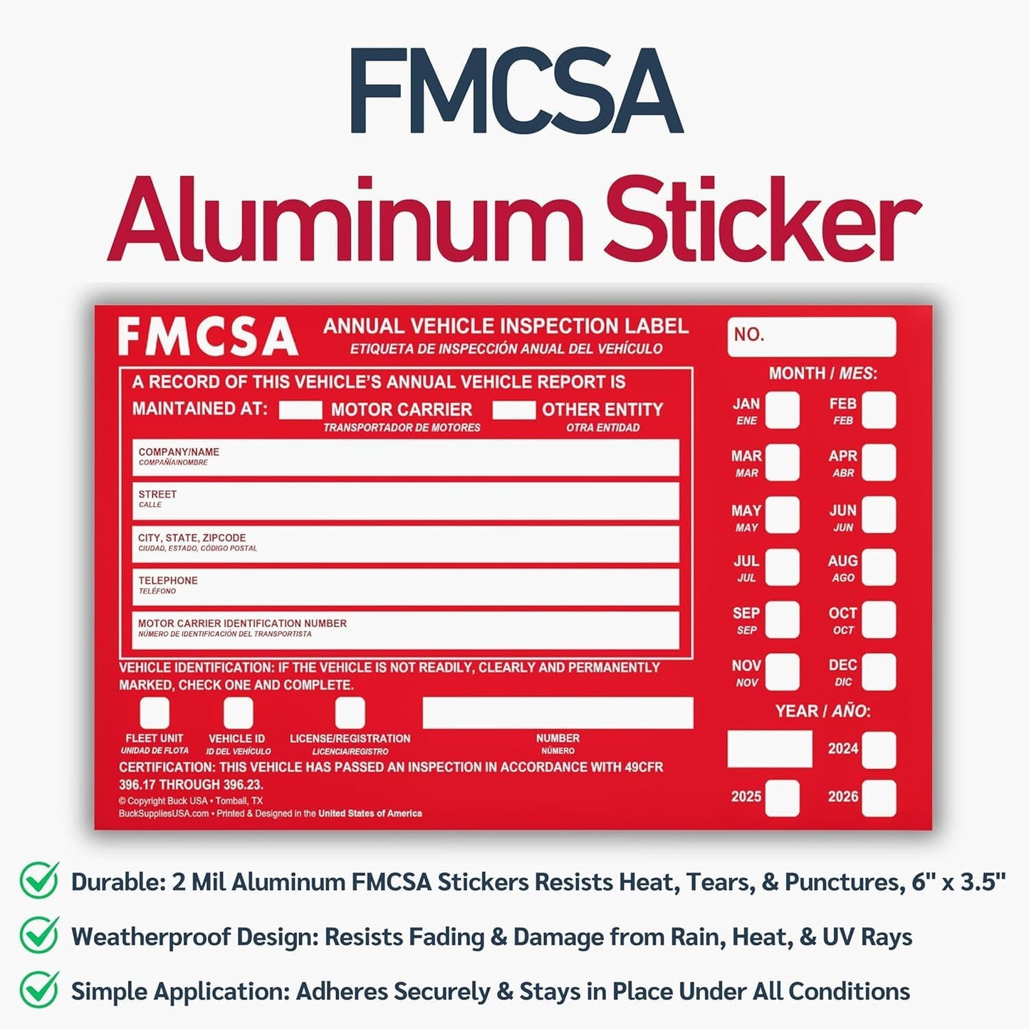 5 Pack Buck Aluminum Annual Vehicle Inspection Label with Punch Boxes, 2 Mil Red FMCSA Self Adhesive Sticker, DOT Compliant, Weatherproof, Tear Resistant, Easy to Write On, 6" x 3.5" - Made in USA