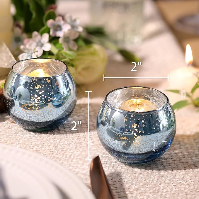 Volens Round Blue Votive Candle Holders Set of 12, Blue Wedding Centerpiece Table Decorations, Mercury Glass Tealight Candle Holder for Bridal Shower, Baby Shower & Home Decor