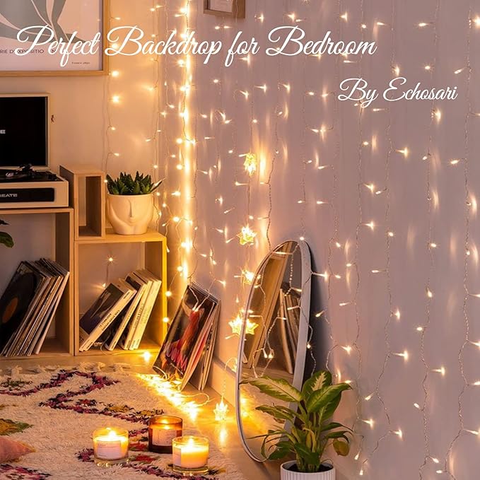echosari 300 LED Curtain Lights Battery Operated, 9.8ft×9.8ft Hanging Light with Remote Timer Fairy Curtain Lights for Bedroom Patio Wedding Backdrop Party Decór (Warm White)