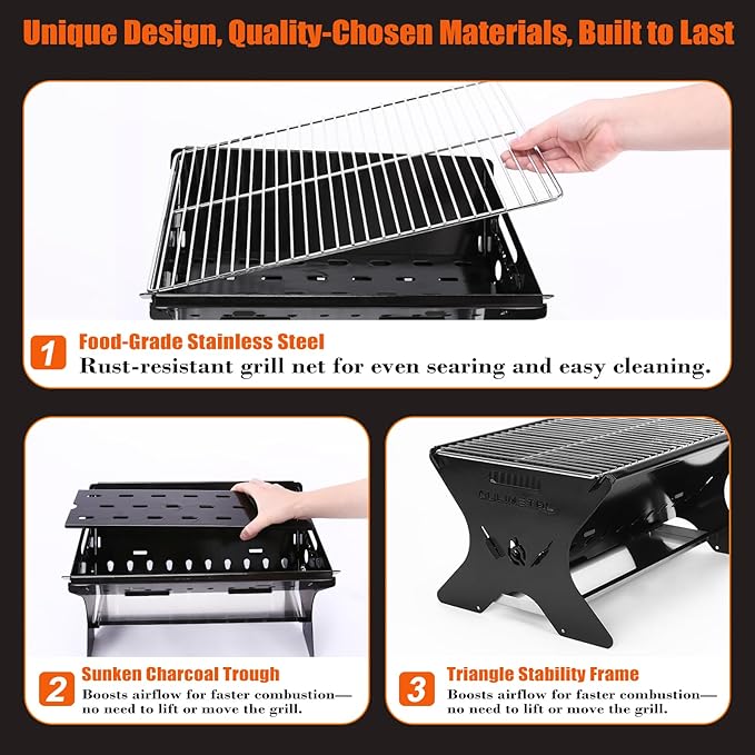 QuliMetal Upgraded 18 Inch Portable Charcoal Grill, Portable Fire Pit - Folding Campfire Grill, Heavy Duty Steel Cooking Grate with Storage Bag for Camping, Outdoor Cooking, Bonfire, Patio, Backyard