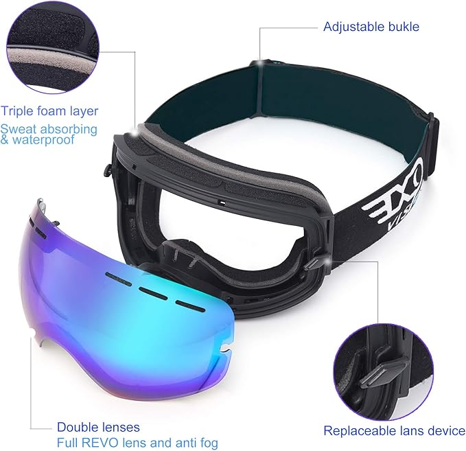 EXP VISION Snowboard Ski Goggles Men Women Youth, Anti Fog OTG Winter Snow Goggles Spherical Detachable Lens