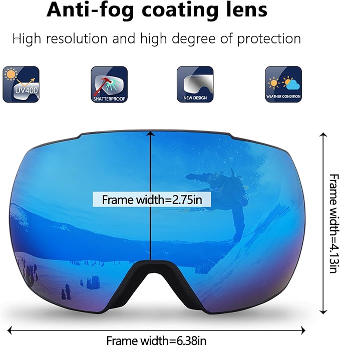 OULAIQI OTG Ski Goggles UV400 Anti-Fog Snowboard Glasses for Men Women Youth- Perfect for Skiing, Snowboarding,Winter Sports