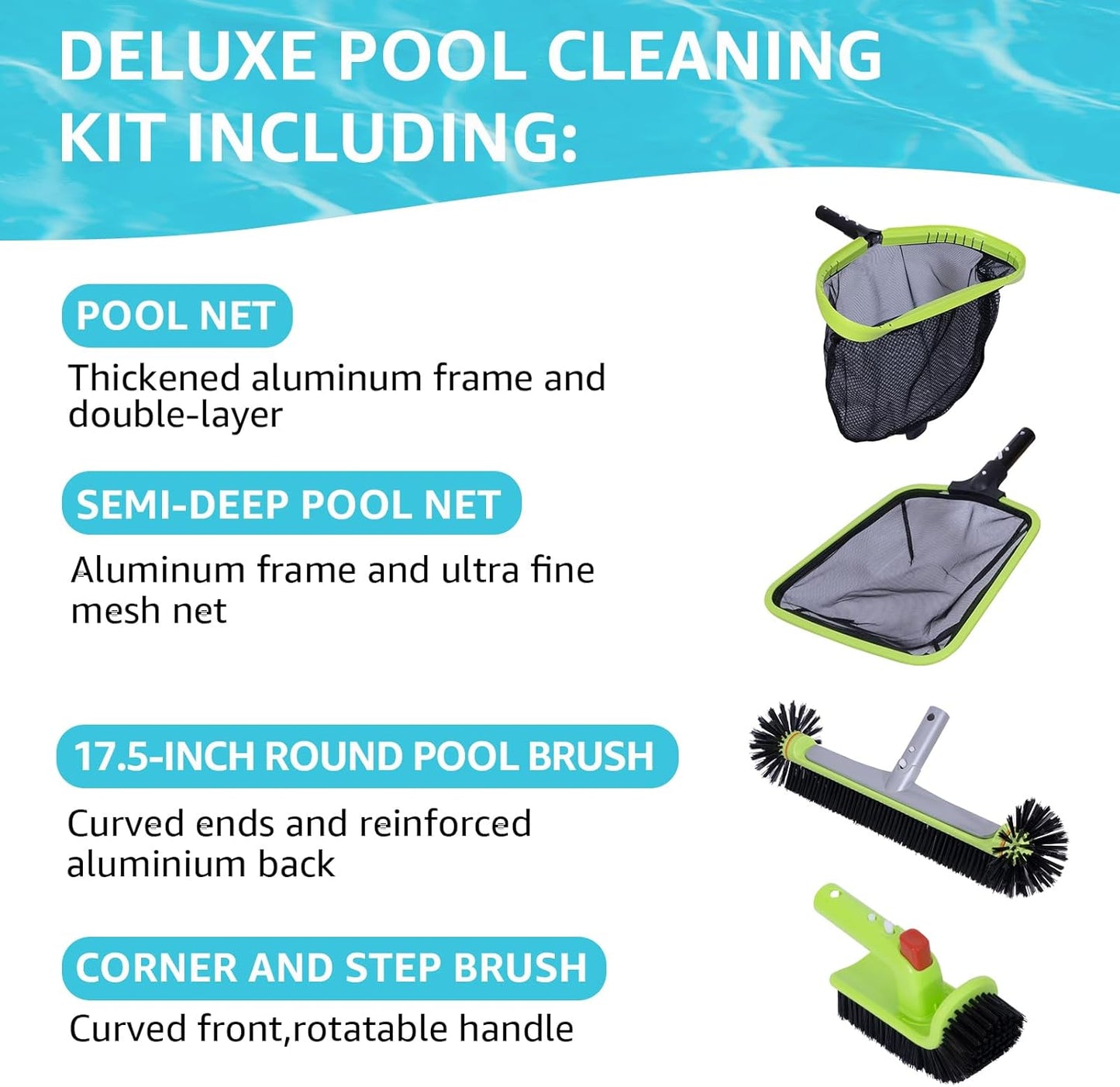 Sepetrel Deluxe Swimming Pool Cleaning Kit Including Professional Leaf Skimmer Net,Half-Depth Fine Mesh Net,17.5" Pool Brush Head & Hand Scrub Brush(NO Pole)