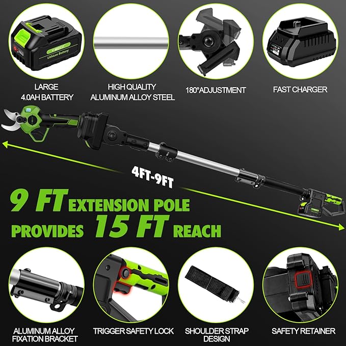 2-IN-1 Electric Pole Pruning Shears Cordless, 1.6" Cutting Diameter Cordless Pruner with 15 FT High Reach Extension Pole, 21V 4.0Ah Battery Powered Pole Pruner for Tree Trimming, LCD Display