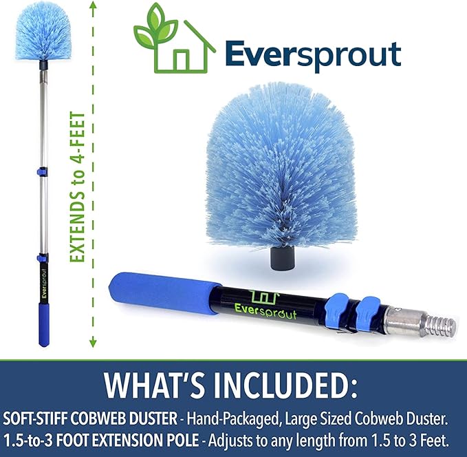 EVERSPROUT 1.5-to-3 Foot Cobweb Duster and Extension-Pole Combo (8-10 Ft Standing Reach, Soft Bristles) | Hand Packaged | Lightweight, 3-Stage Aluminum Pole | Indoor & Outdoor Use Brush Attachment