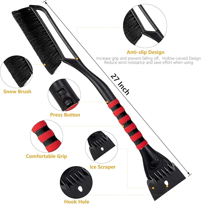 FOVAL 27" Ice Scraper Snow Brush, Wider Snow Scraper(4.73" Width) Snow Removal Car Brush with Comfortable Foam Grip for Cars, Trucks, SUVs, Windshield, Window - Winter Tool
