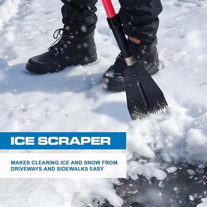 PLEXON Snow Shovel for Driveway Car with Ice Chopper - Ergonomic Collapsible Lightweight Folding Fiberglass Snow Pusher for Snow Removal and Breaking Ice - 18" Width 47", Black, Red
