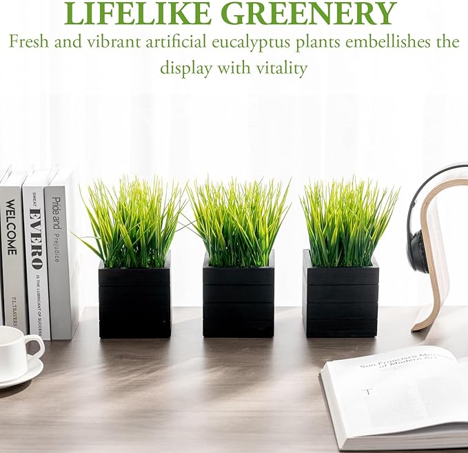 MyGift Artificial Green Grass Plants in Vintage Black Wood 4 Inch Planter Boxes, Faux Greenery in Decorative Square Crate Style Wooden Containers, Set of 3