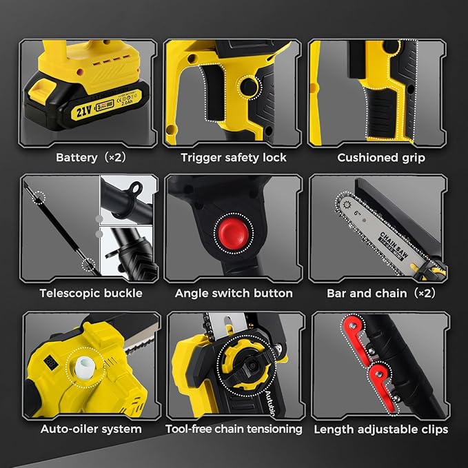 2-in-1 Electric Pole Saws for Tree Trimming, 1200W Brushless Cordless Pole Saw & 6 Inch Mini Chainsaw,16 Ft Max Reach & Multi-Angle, Tree Trimmer Branch Cutter Limb Pruner with 2 Batteries