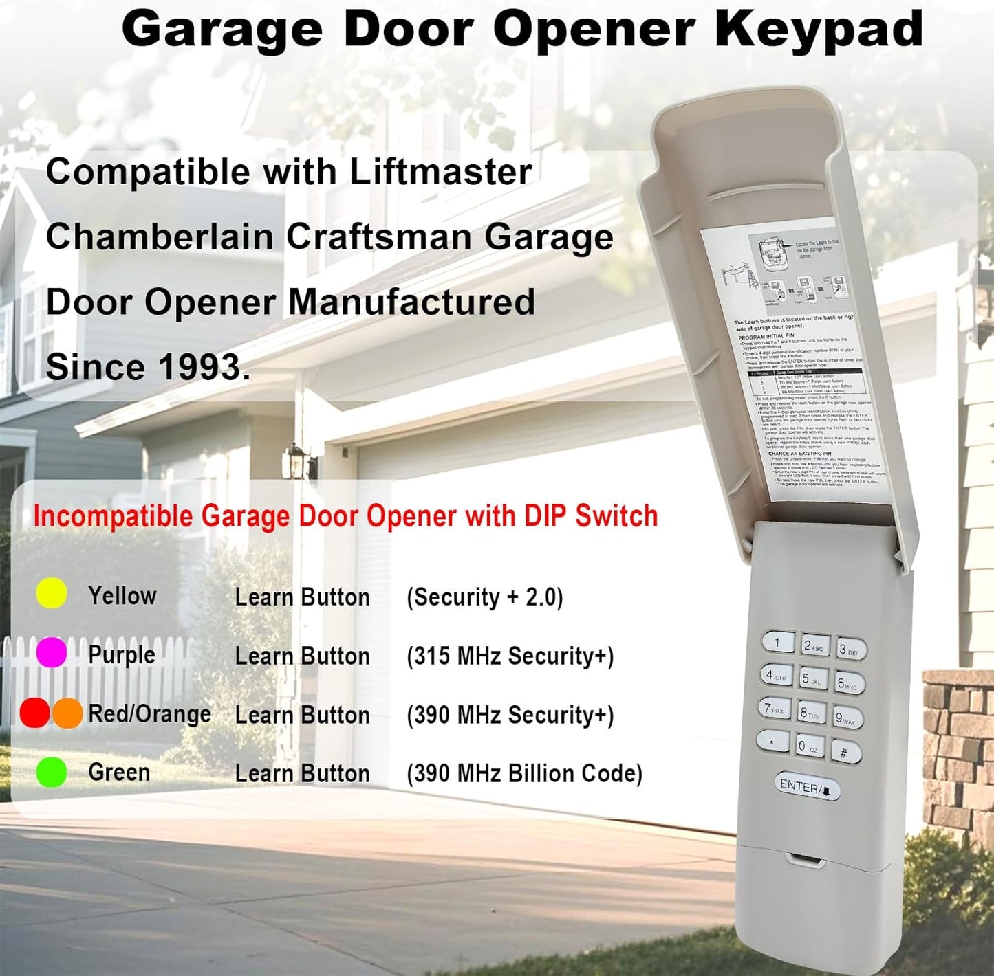 Garage Door Opener Keypad for Liftmaster Chamberlain Craftsman Garage Door Opener, Replace Wireless Keypad 877MAX Keyless Entry with 315/390 MHZ Learn Button Produced Since 1993