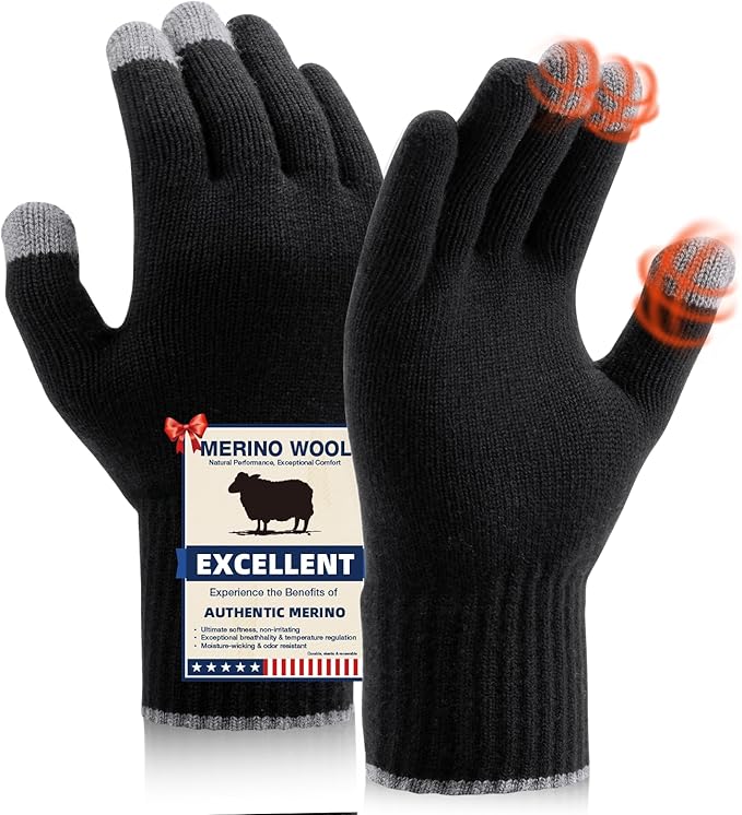 Merino Wool Gloves for Men Women, Touch Screen Warm Glove Liners Thermal Soft Knit Lining for Winter Running Hiking