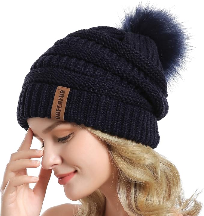 QUEENFUR Women Knit Slouchy Beanie Chunky Baggy Hat with Faux Fur Pompom Winter Soft Warm Ski Cap