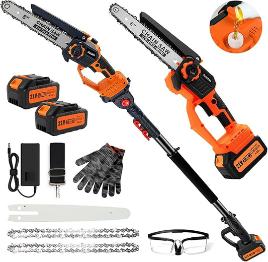 8'' Electric Pole Saws for Tree Trimming, Cordless 2-in-1 Pole Saw & Mini Chainsaw with Extension Pole, Battery Powered with 2x4.0Ah Batteries and Charger, Max 16FT Reach for Pruning
