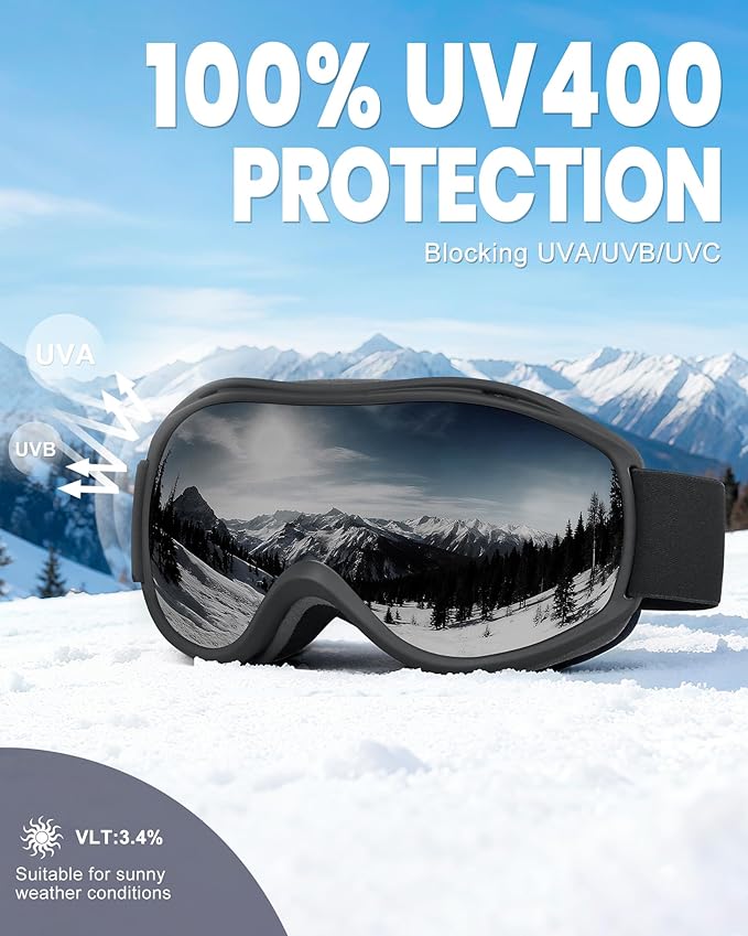 AVV Ski Goggles UV Protection, Anti-Fog Snowboard Snow Goggles OTG for Men Women Adults & Youths