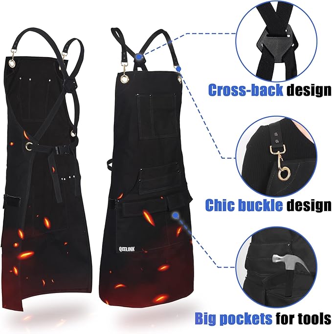 QeeLink Woodworking Shop Apron with 10 Pockets FR Waxed Canvas Work Apron - Flame Retardant - Adjustable M to XXXL for Men & Women, Black