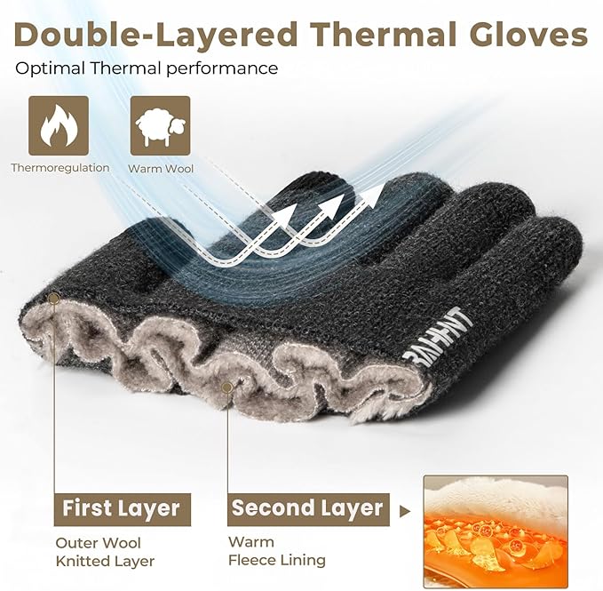 Rahhint Wool Winter Gloves Men Women Fleece lined Knit Gloves with Touchscreen Fingers Insulated Gloves Keep Hand Warm Gift