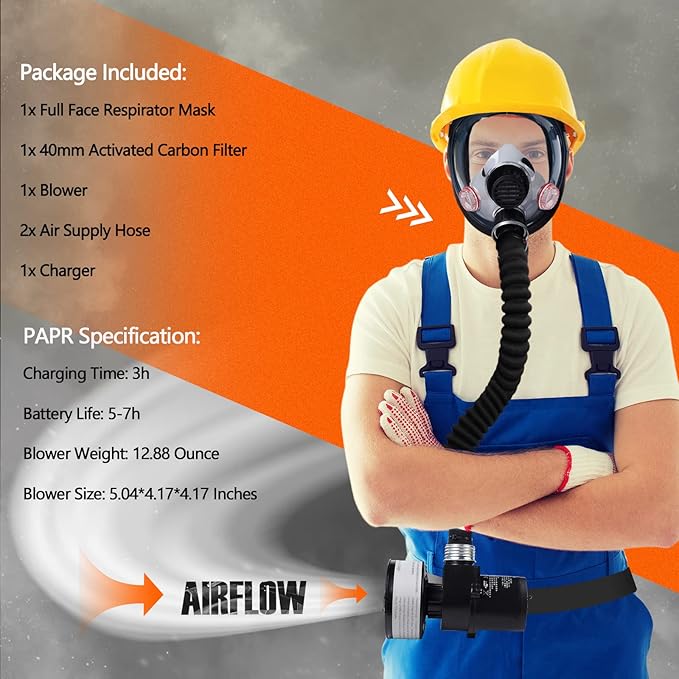 HANUU Reusable PAPR Respirator, Portable PAPR Respirator System with 40mm Activated Carbon Filter, Powered Air Purifying Respirators, Gas Mask for Gases, Dust, Vapors, Chemicals, Paint, Spray