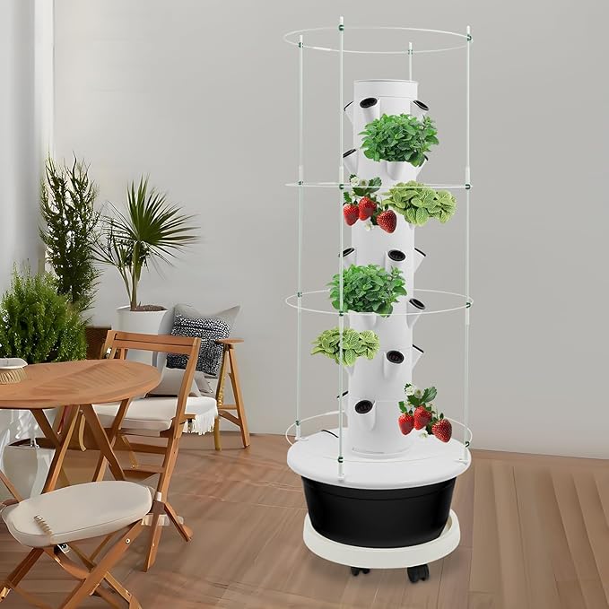 Hydroponic Growing Tower with Climbing Trellis, 30L Water Tank & Automatic Timer, Indoor Outdoor Vertical Garden System for Vegetables Herbs Strawberries (Black - 28 Holes)