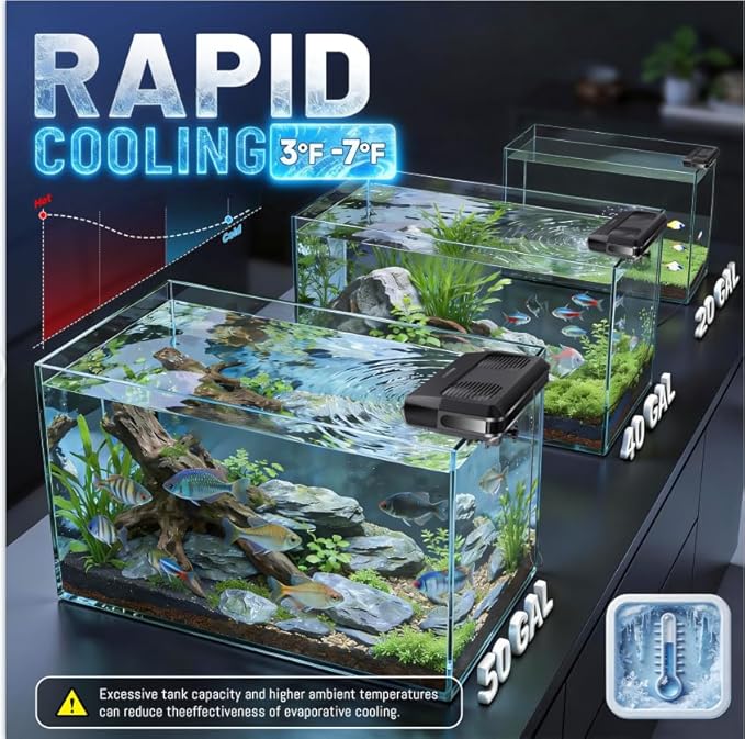 Aquarium Fan,Ultra-Quiet Fish Tank Cooler,More Powerful,Cooling Effect 3-7℉ with 3 Speed Modes Adjustable Applicable Aquariums with or Without Edges, for Axolotl Seawater Freshwater Coral Grass Tank