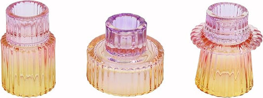 Vixdonos Glass Candlestick Holders Tealight Candle Holders for Table Centerpieces, Wedding Decor and Dinner Party (3 Pcs, Purple-Pink-Yellow)