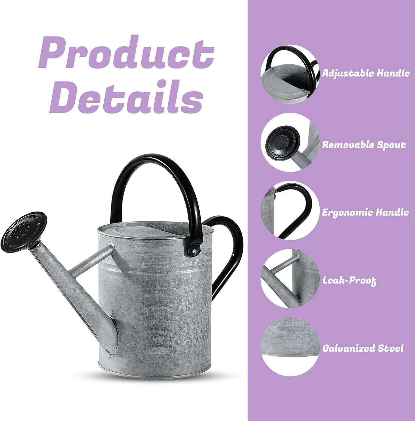 1 Gallon Watering Can for Plants, Watering Cans for Indoor&Outdoor Gardening, Galvanized Steel Watering Pot with Removable Spout, Metal Water Can with Ergonomic Movable Handle(Rustic Silver)