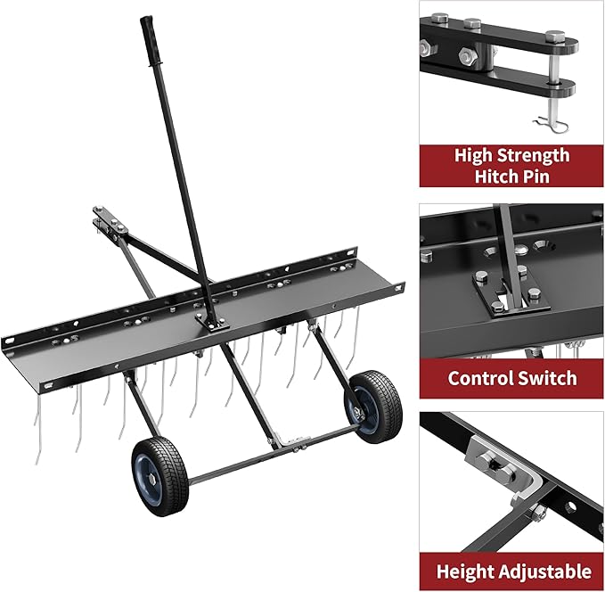 YITAMOTOR 40 Inch Tow Behind Dethatcher, Lawn Dethatcher Rake with 20 Spring Steel Tines & Lift Handle for ATV or Mover Tractors, Tow Behind Lawn Rakes for Lawn Garden Farm Grass