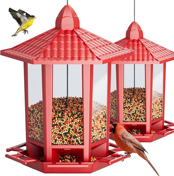 Birdream 2 Pack Bird Feeders for Outdoor Hanging, Retro Pagoda Design Fun Installation Bird Feeder, Attracting Wild Birds Chickadees Goldfinches Cardinals Finches and Sparrows - Red
