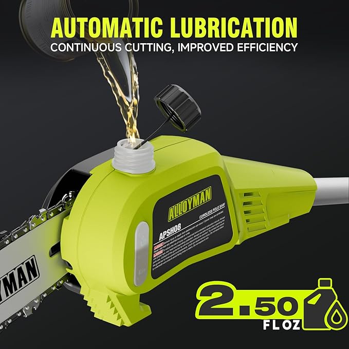 Alloyman 20V Cordless Pole Saw 8-inch, 15 Ft MAX Reach Electric Pole Saw for Tree Trimming, Tree Trimmer for Pruning Branches，with 2 * 4.0Ah Batteries & Charger, 2*Chains