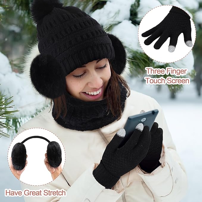 5 Pieces Women Winter Warm Set Knit Beanie Hat Scarf Touchscreen Gloves Earmuffs Stockings 5 in 1 Ski Outing Set for Gift
