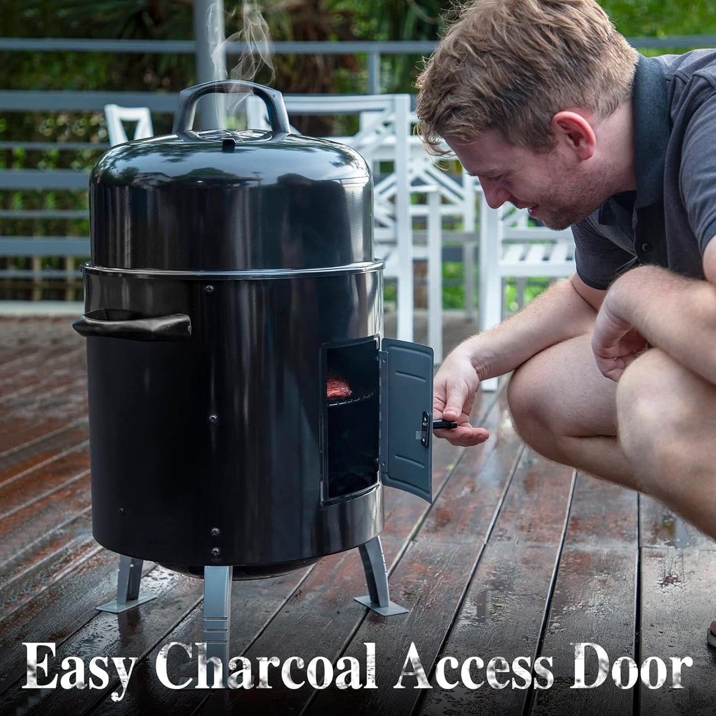 Sophia & William 17" Vertical Charcoal Smoker Grills with Two-Tier Grates, Heavy-Duty Integral Chamber and Tunnel Ventilation System for BBQ, Patio, Outdoor Camping(Black)