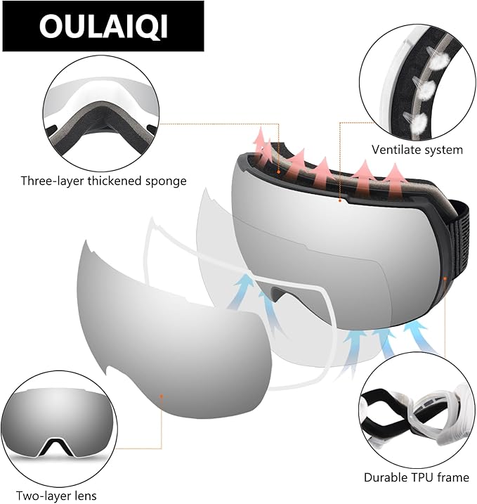 OULAIQI OTG Ski Goggles UV400 Anti-Fog Snowboard Glasses for Men Women Youth- Perfect for Skiing, Snowboarding,Winter Sports
