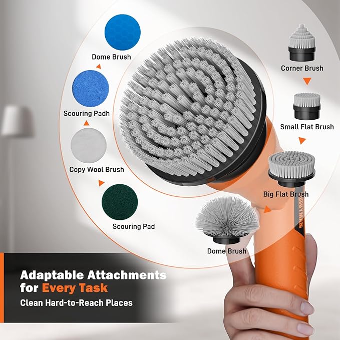 20V Electric Scrubber for Cleaning Floors, Walls - 2 Replaceable Battery Design for Outdoor Garden and Patio Cleaning Stubborn Stains, Telescopic Handle,8 Replaceable Brush Heads