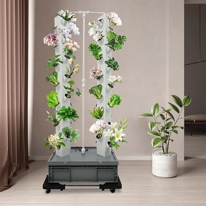 Hydroponics Growing System Kit 2 Tower 56 Pods Vertical Garden Tower Garden Growing System with Timer, Wheels, Indoor Hydroponic Planter for Vegetable, Fruit, Flower (Gray, 56 Pods)