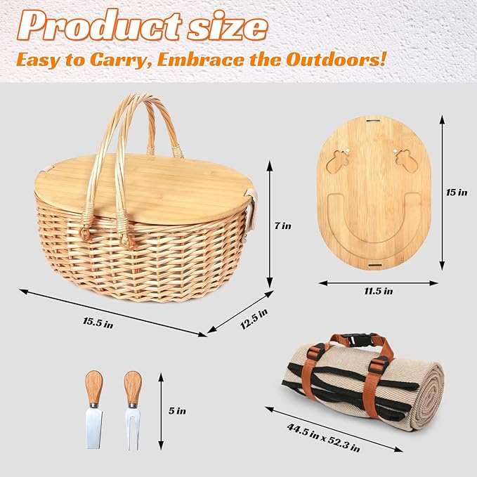 Hap Tim Dual Wicker Picnic Basket Set with Blanket for 2 - Unique Gifts Ideas for Couple, Engagement, Wedding, Bridal Shower, Family, Christmas - White Elephant Gifts for Adults（Y2408A-2）