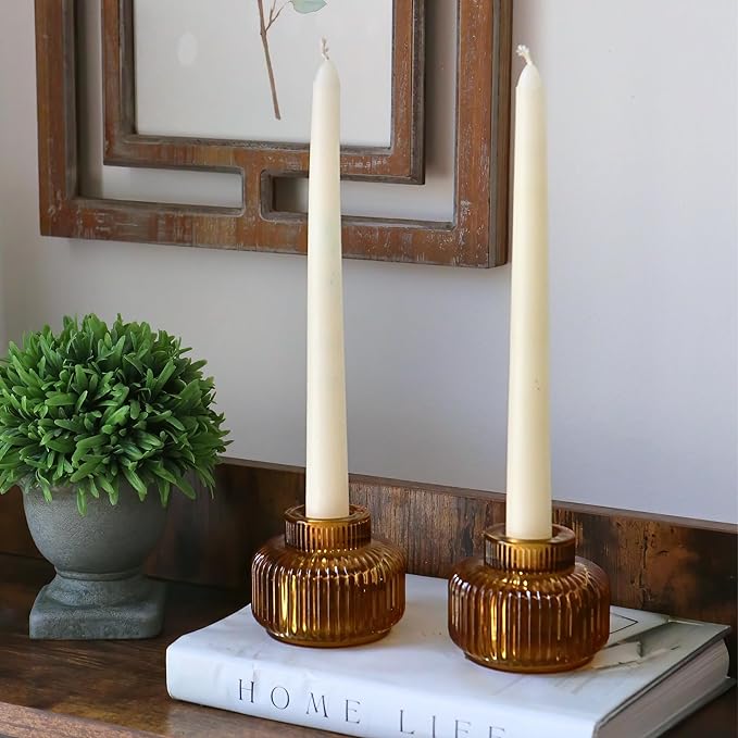 Kate Aspen Amber Taper Candle Holders for Candlesticks Set of 4 - Fluted Candlestick Holders for Fall Decor, Home Decor, Votive Candle Holder Decor, Tea Light Holder, Centerpiece Table Decorations