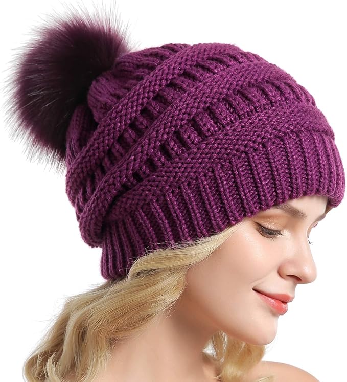 QUEENFUR Women Knit Slouchy Beanie Chunky Baggy Hat with Faux Fur Pompom Winter Soft Warm Ski Cap