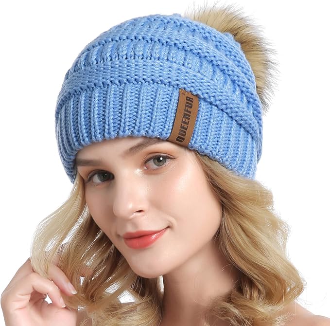 QUEENFUR Women Knit Slouchy Beanie Chunky Baggy Hat with Faux Fur Pompom Winter Soft Warm Ski Cap