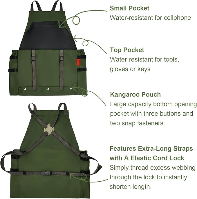Gardening Apron Waterproof Cross Back Apron, Extra 600D Heavy Duty Apron Harvest and Large Quick Release Pockets