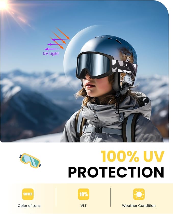 SNOWER Kids Ski Goggles, Anti-Fog Snow Goggles with OTG Design, 100% UV Protection, HD Lens for Kids Boys Girls
