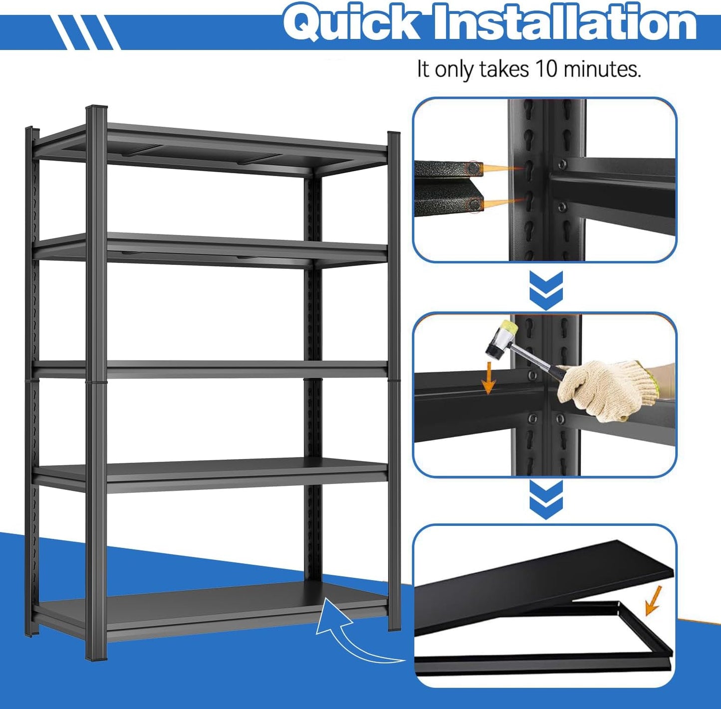 Metal Garage Shelving Metal Storage Shelves 5 Tier Adjustable Shelving Unit 3000LBS Storage Shelves Heavy Duty for Industrial, Warehouse, Basement, Commercial, Black