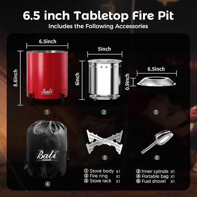 BALI OUTDOORS 6.5 inch Tabletop Fire Pit Round, Stainless Steel Table Top Firepit Small, Outdoor Smokeless Firepit Portable, Red