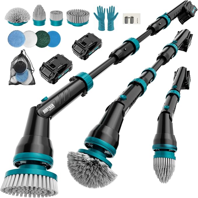 Alloyman 1200RPM Electric Spin Scrubber, Floor Cordless Cleaning Brush, 2 * 20V Replaceable Battery, Power Scrubber for Cleaning with 8 Brushes for Bathtub/Tub/Tile/Floor