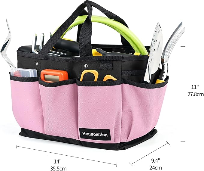 Housolution Gardening Tote Bag, Deluxe Garden Tool Storage Bag and Home Organizer with Pockets, Wear-Resistant & Reusable, 14 Inch, Pink