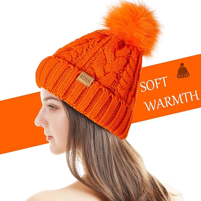 REDESS Women Winter Pompom Beanie Hat with Warm Fleece Lined, Thick Slouchy Snow Knit Skull Ski Cap