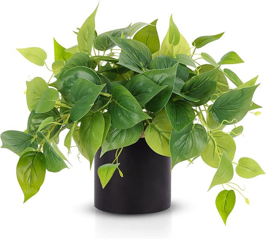 JPSOR Artificial Indoor Plants for Home Decor, 12 inches Pothos in Black Ceramic Pot with Iron Wire, 1 Count